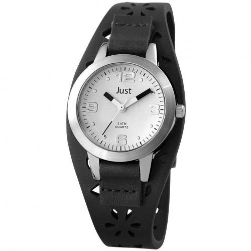 Uhr schwarz mit Lederarmband und Edelstahlgehäuse von Just